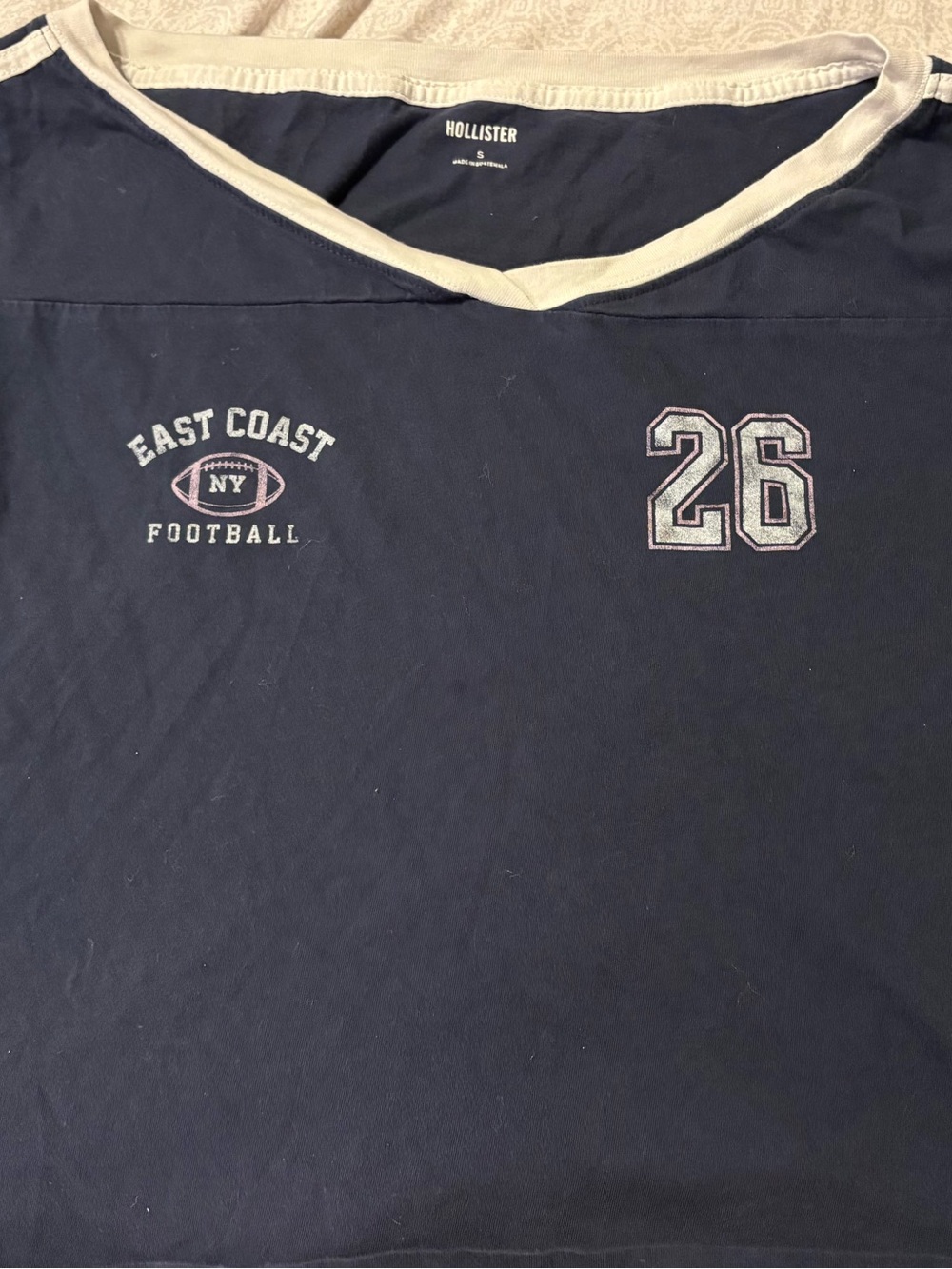 Hollister Navy and White V-Neck East Coast Football Tee with 26 Patch